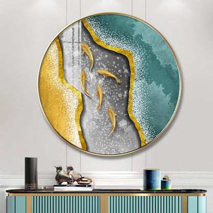 Koi Fish In Waves Premium Acrylic Round Wall Art