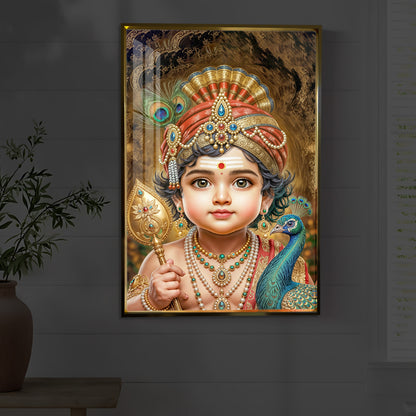 Little Murugan With Peacock Modern Luxury Backlight Vertical Wall Art