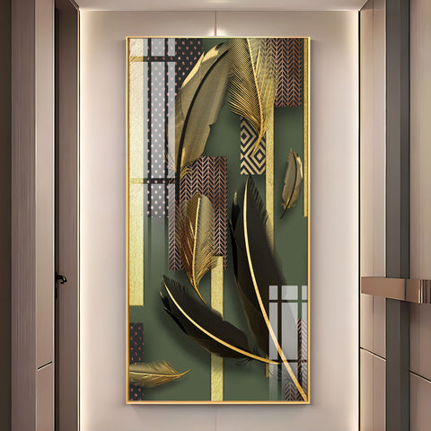 Black & Golden Feathers Premium Acrylic Vertical Wall Art