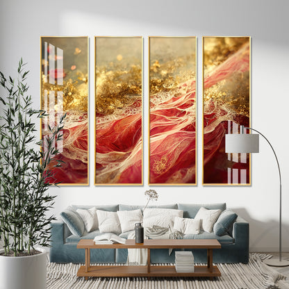 Passionate Red & Golden Premium Acrylic Vertical Wall Art (set of 4)