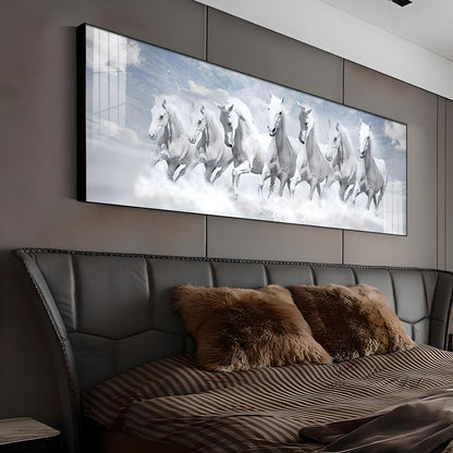 Seven Lucky Running White Horses Premium Acrylic Horizontal Wall Art