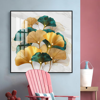 Golden Ginkgo Biloba Luxury Crystal Square Wall Art