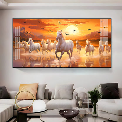 White Running Horses With Sunrise Premium Acrylic Horizontal Wall Art