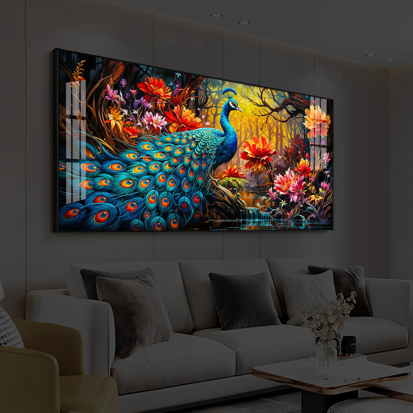 Beautiful Peacock Modern Luxury Backlight Horizontal Wall Art