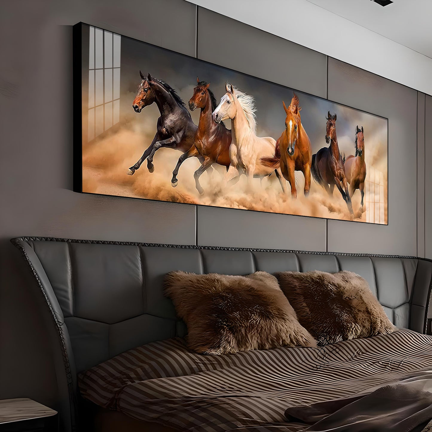 Brown Lucky Horses In Desert Premium Acrylic Horizontal Wall Art