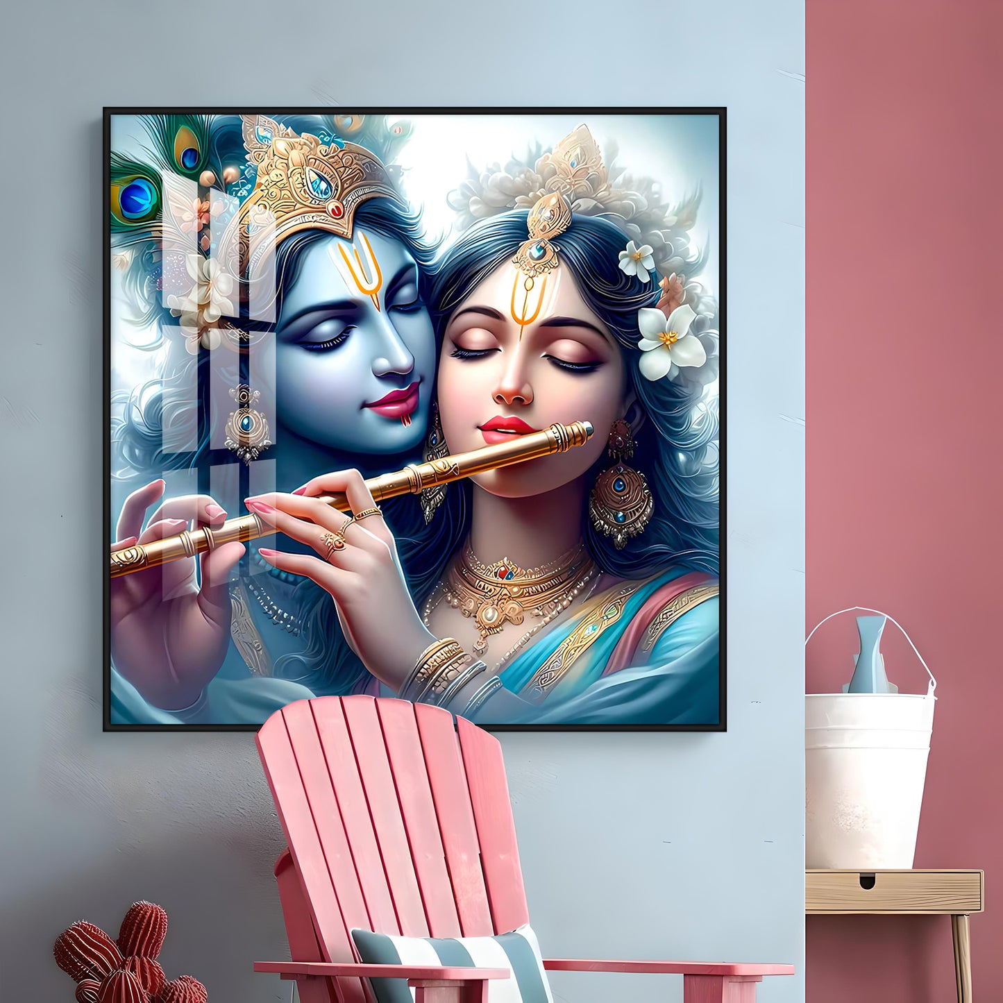 Radha Krishna With Flute Premium Acrylic Square Wall Art