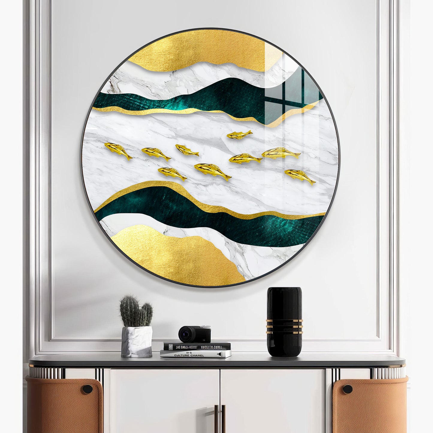 Noir & Gold Fish Premium Acrylic Round Wall Art