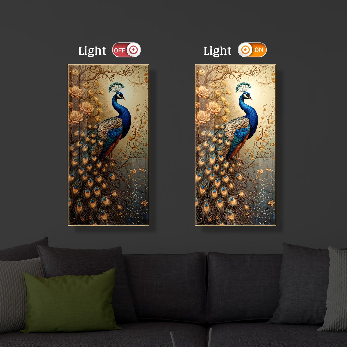 Beautiful Peacock Modern Luxury Backlight Vertical Wall Art