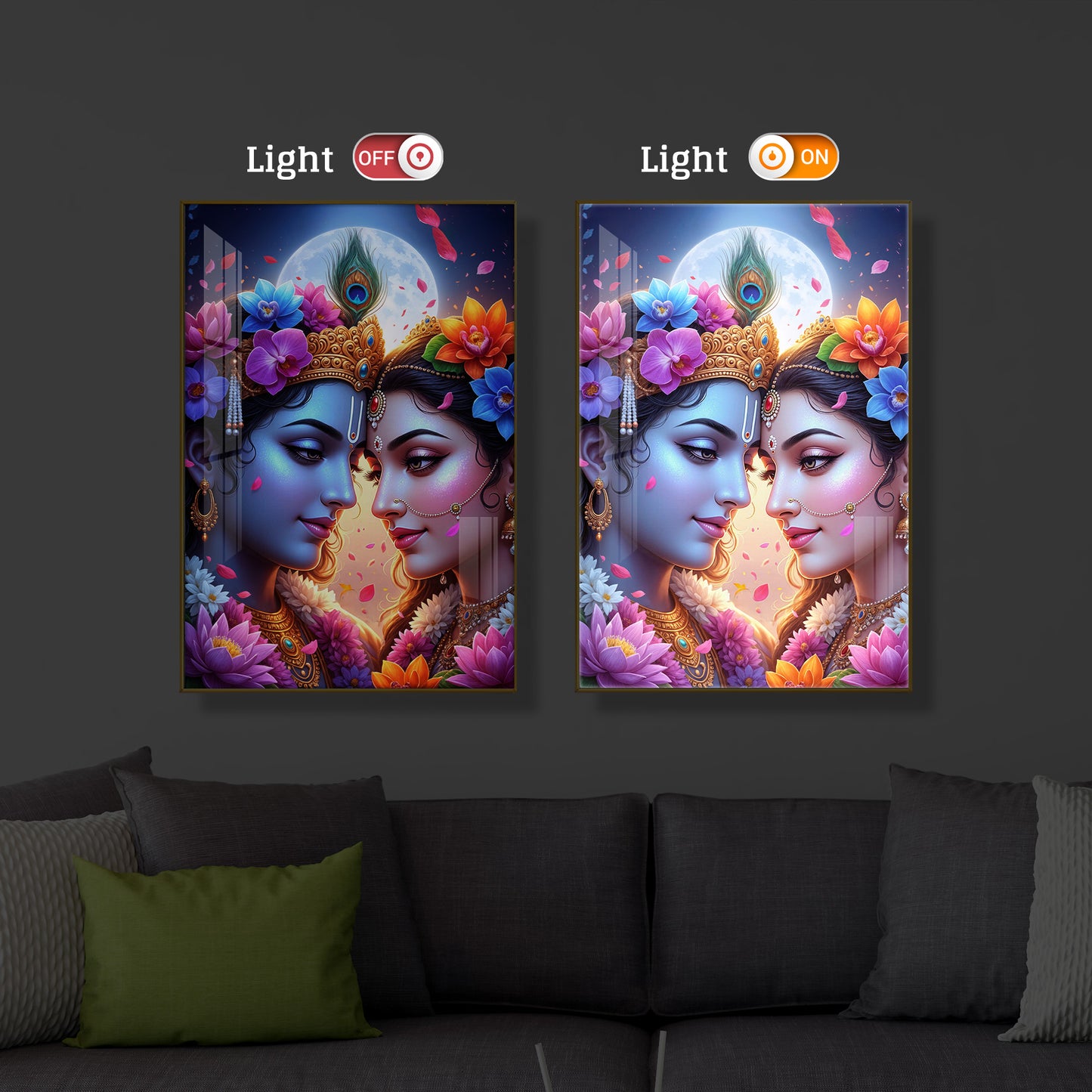 Loving Shri Radha Krishna Modern Luxury Backlight Vertical Wall Art