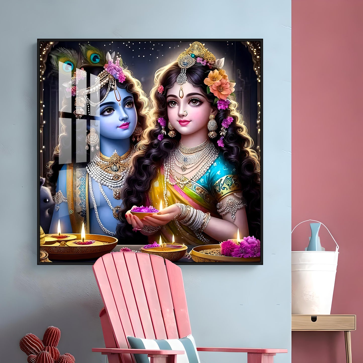 Glowing Krishna Radha Premium Acrylic Square Wall Art