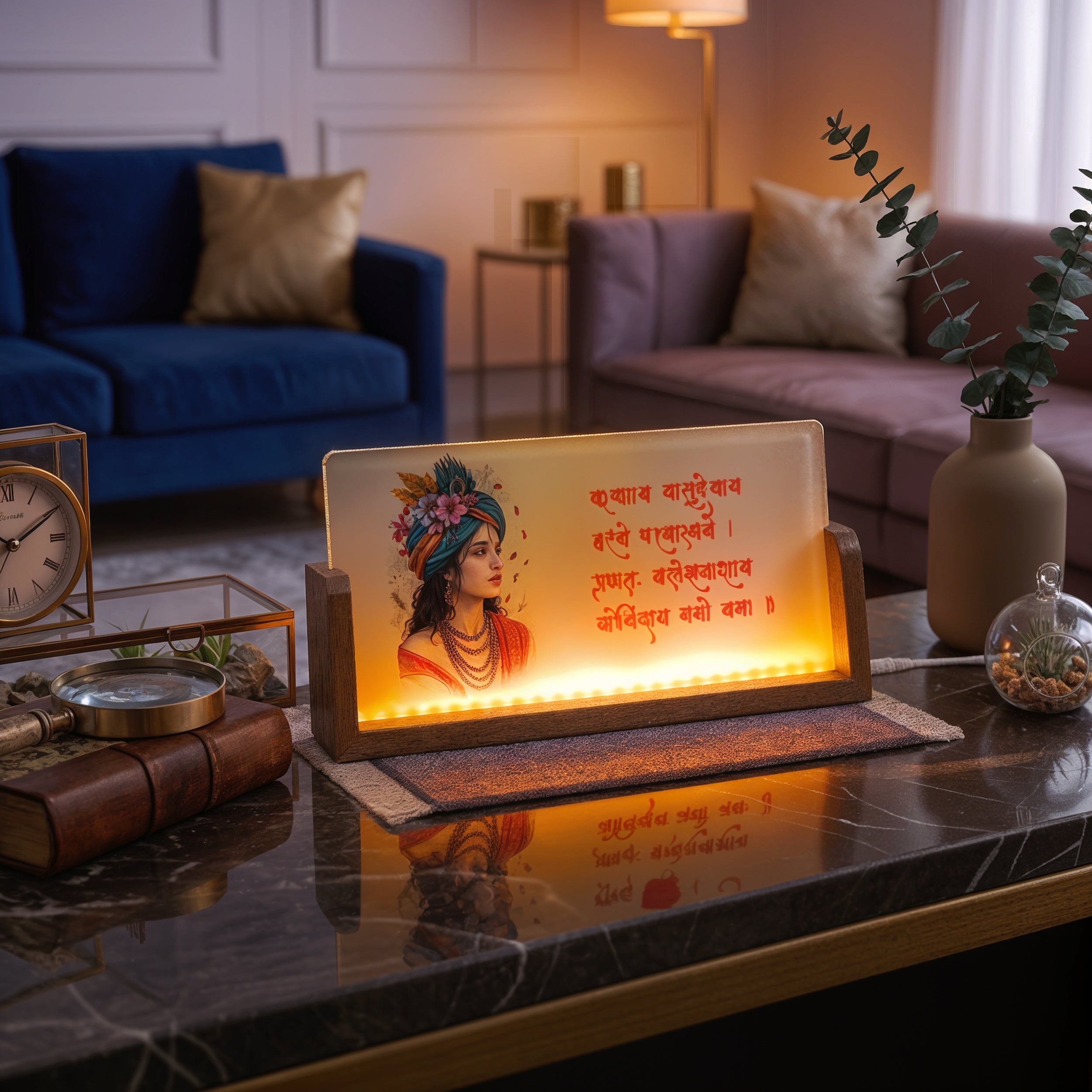 Krishna Mantra Acrylic LED Table Lamp - Wooden Stand