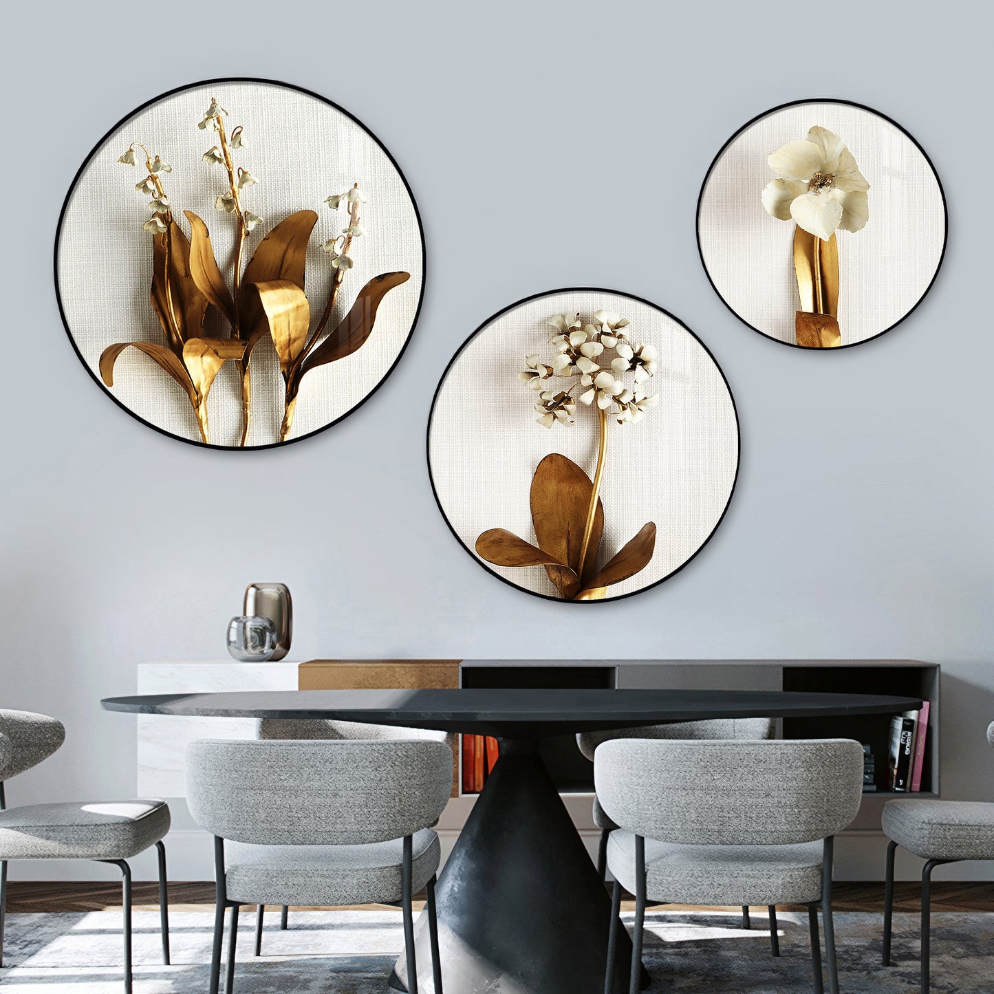 Golden Petals Premium Acrylic Round Wall Art (Set of 3)
