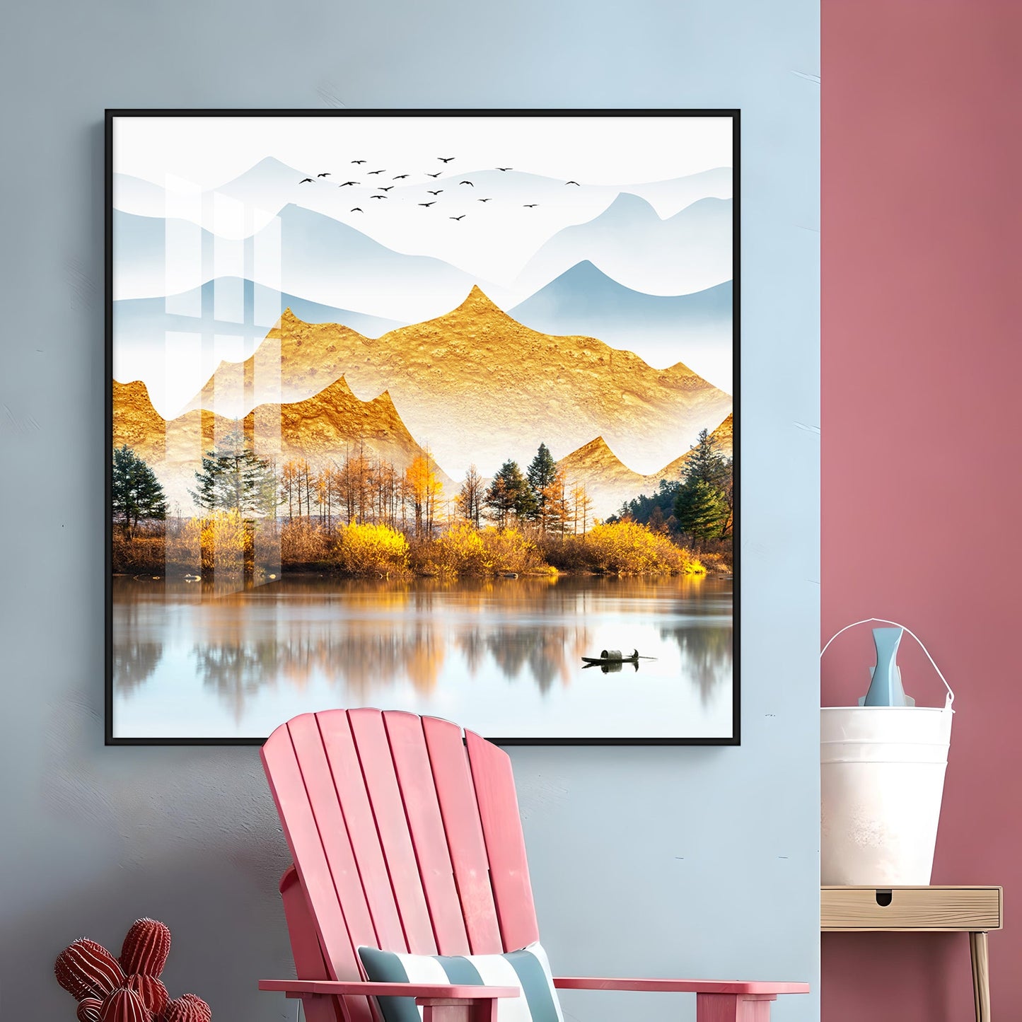 Sun Kissed Mountains Premium Acrylic Square Wall Art - 24X24 inches / Gold