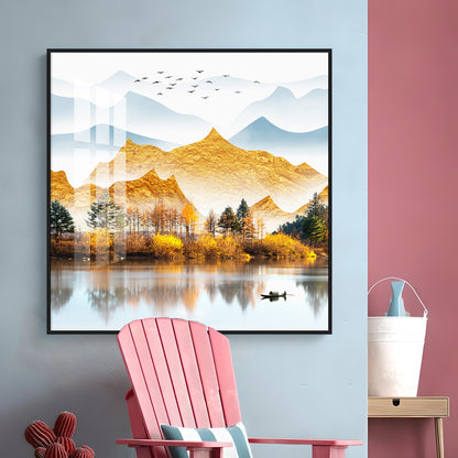 Sun Kissed Mountains Premium Acrylic Square Wall Art - 24X24 inches / Gold