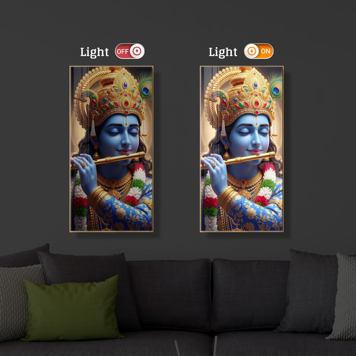 Lord Krishna Modern Luxury Backlight Vertical Wall Art