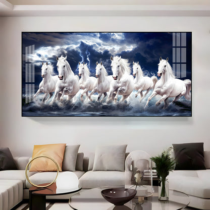 Seven White Horses Gallop In the Sea Premium Acrylic Horizontal Wall Art