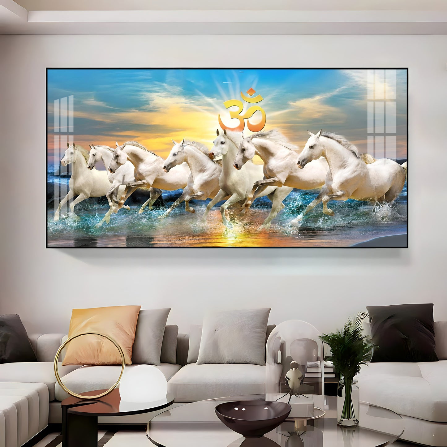 White Running Horses in Sea with Om Premium Acrylic Horizontal Wall Art