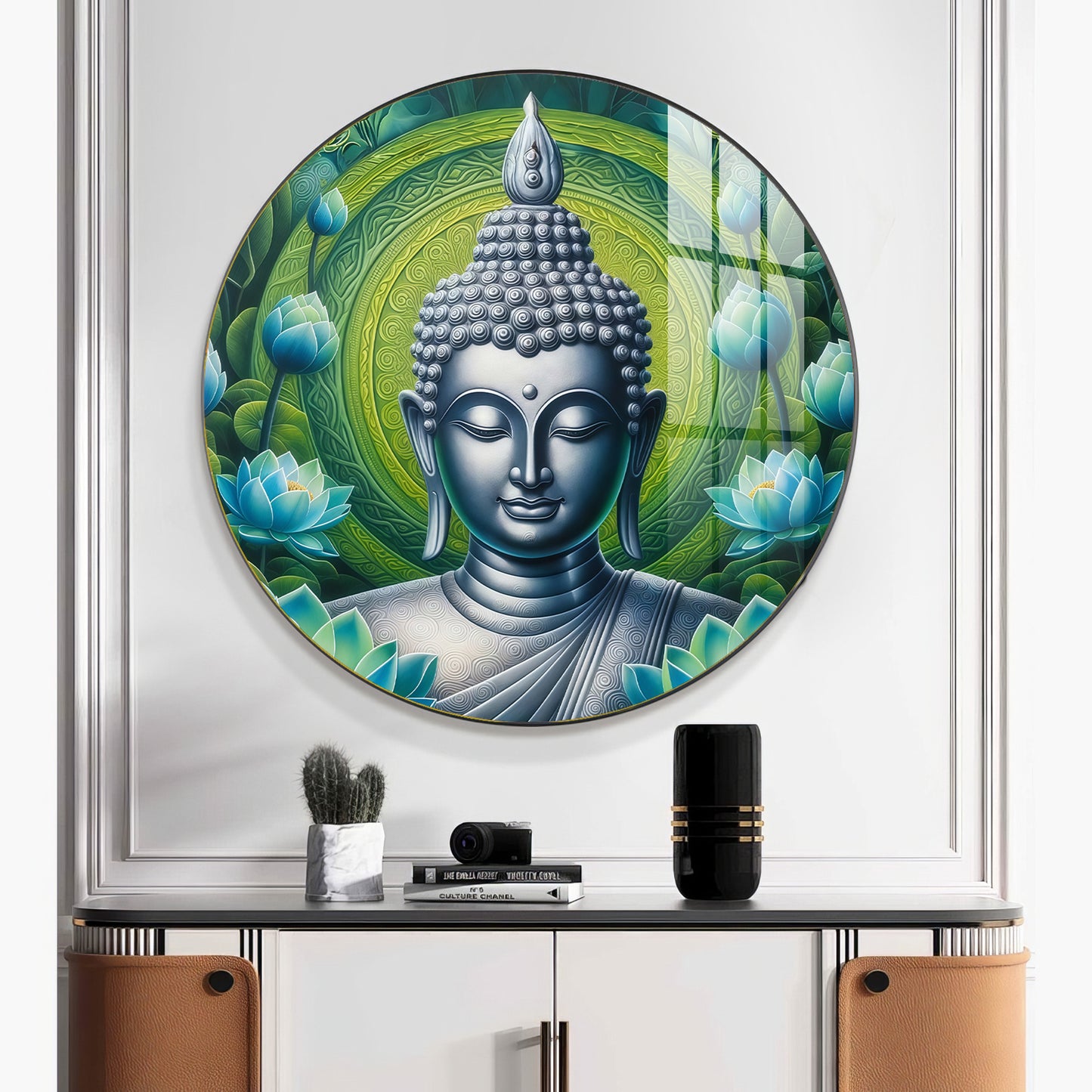 Sacred Buddha In Silver Premium Acrylic Round Wall Art