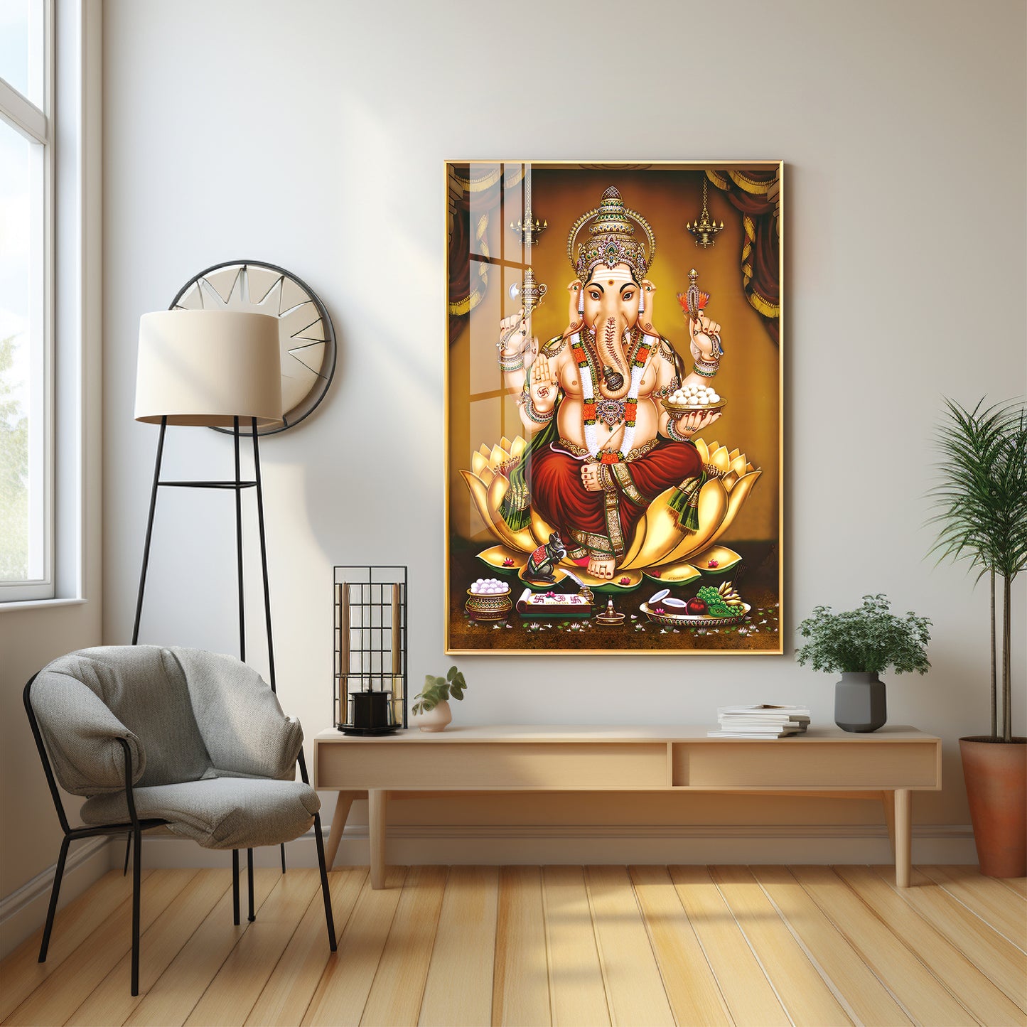 Lord Ganesha On Gold Lotus Premium Vertical Acrylic Wall Art