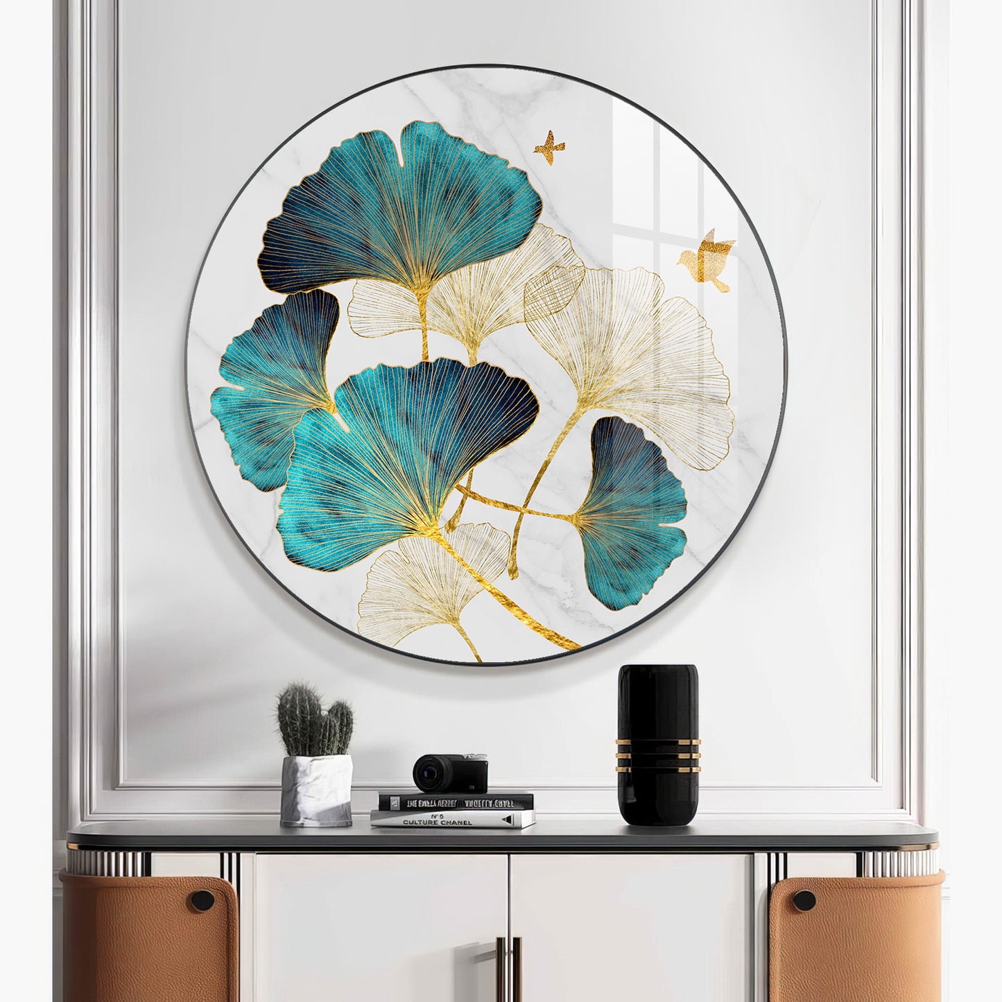 Blue Leaf Premium Acrylic Round Wall Art