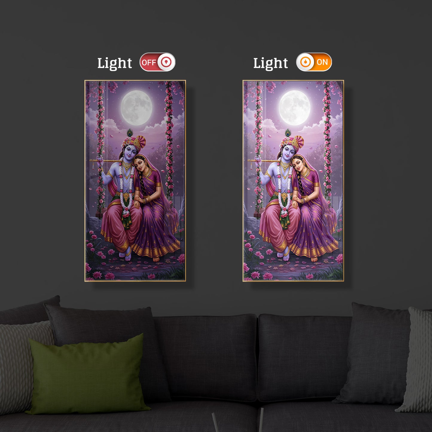 Loving Radha Krishna Modern Luxury Backlight Vertical Wall Art