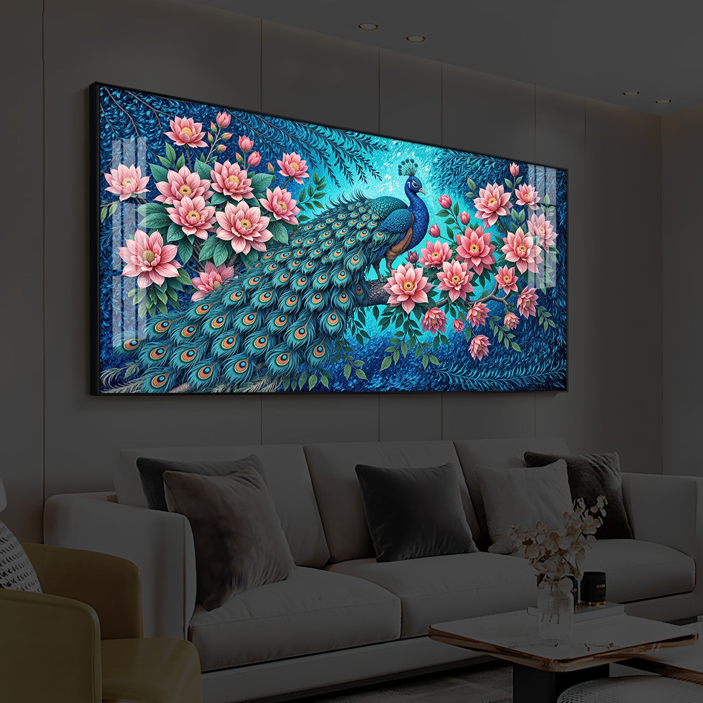 Majestic Peacock Modern Luxury Backlight Horizontal Wall Art