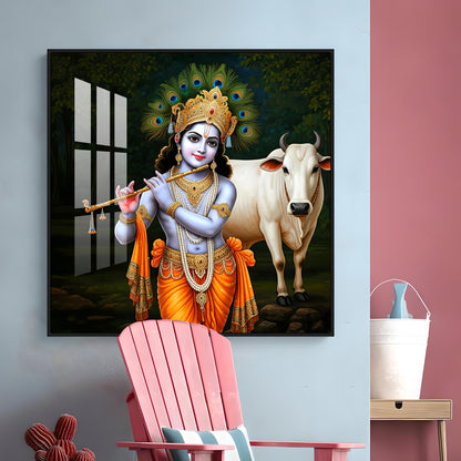 Krishna With The Cow Premium Acrylic Square Wall Art