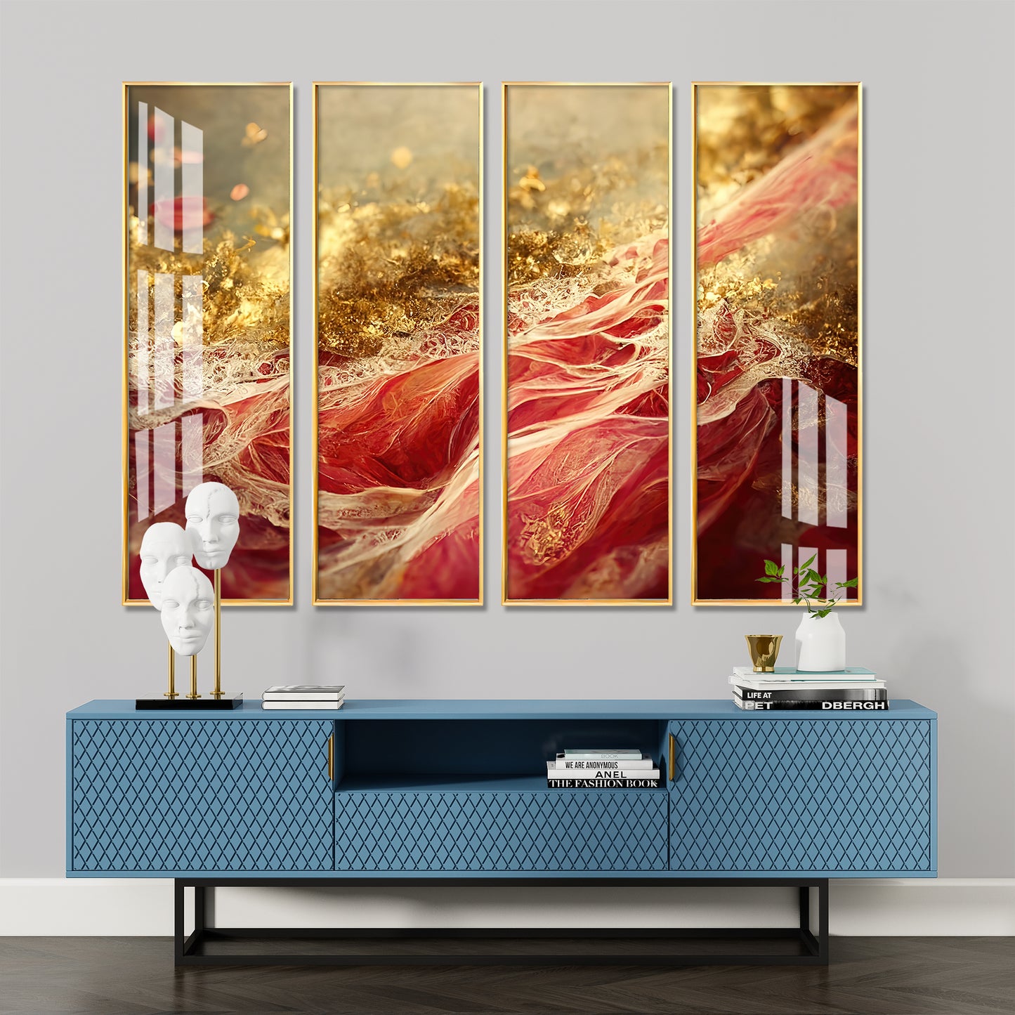 Passionate Red & Golden Premium Acrylic Vertical Wall Art (set of 4)