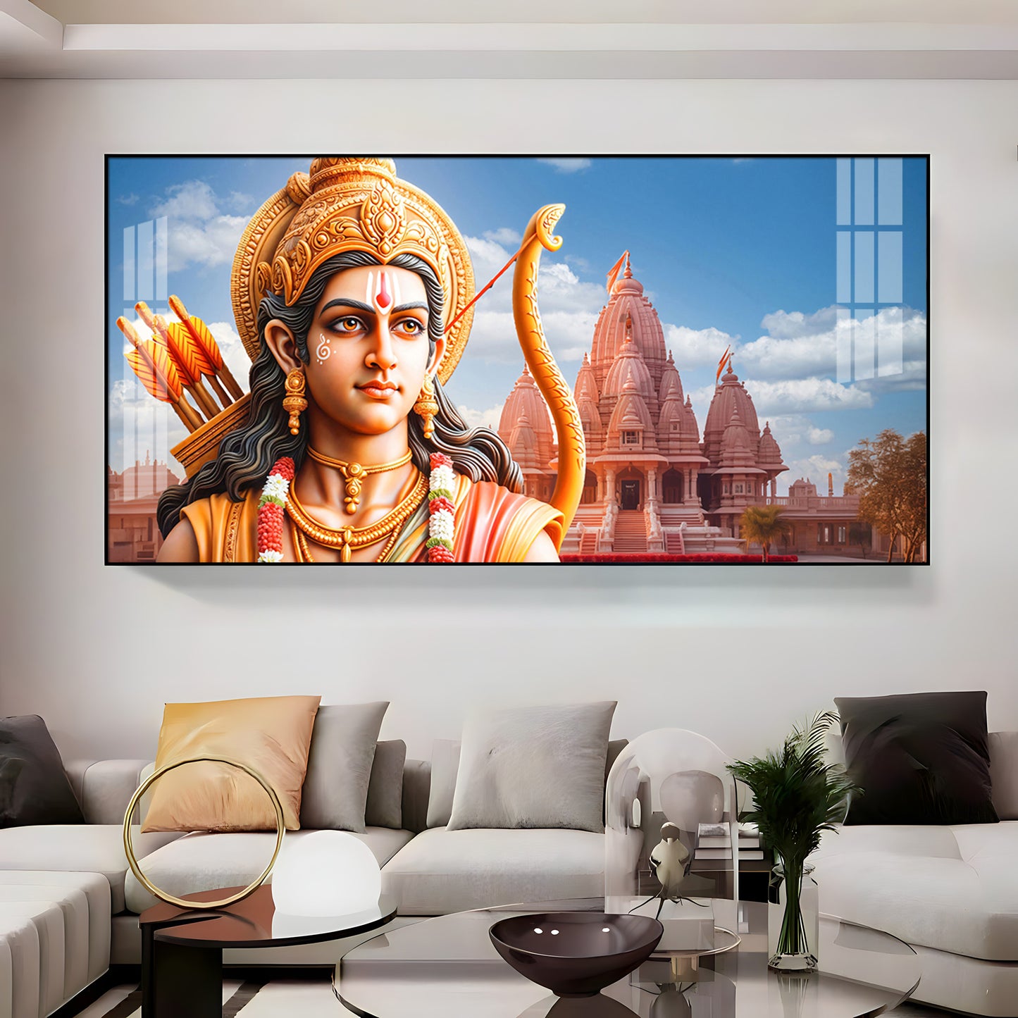 Lord Ram with Ram Mandir Premium Acrylic Horizontal Wall Art