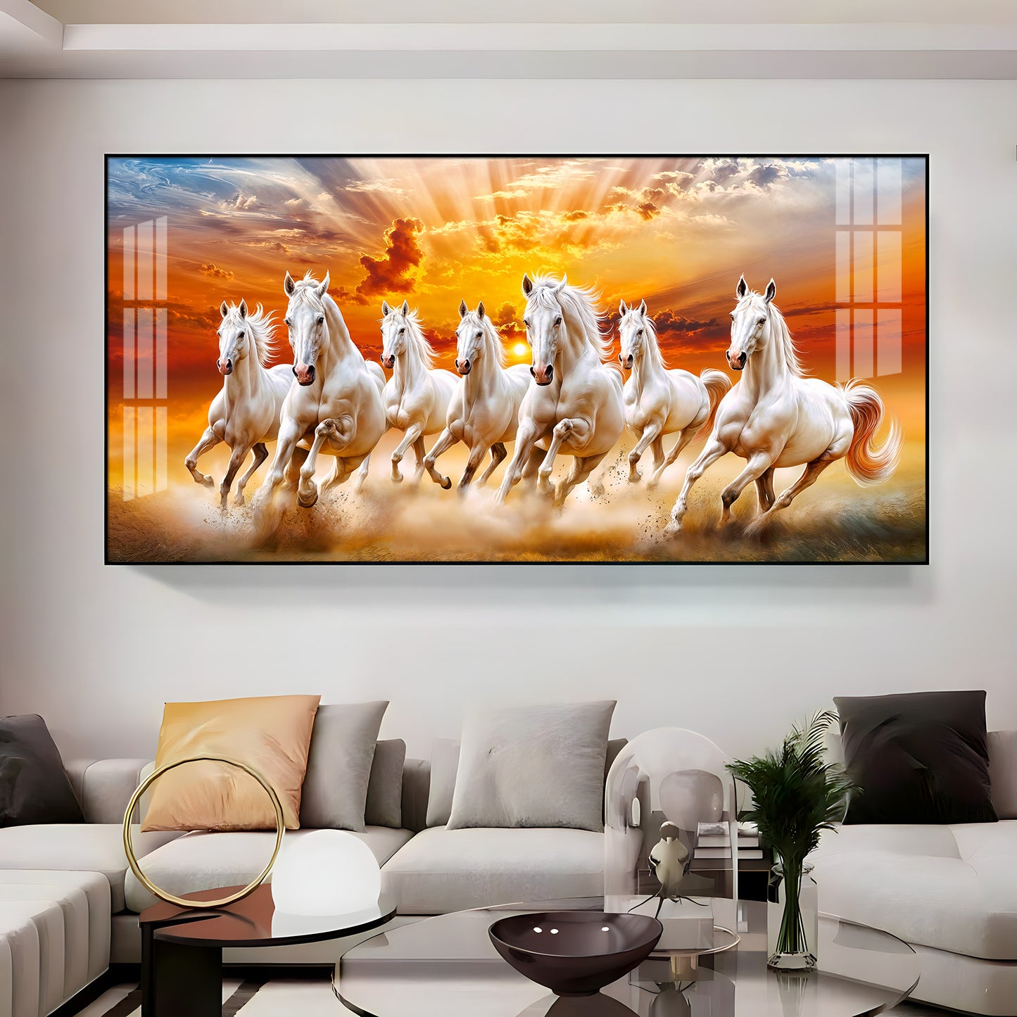 Vastu Seven Running Horses In Morning Premium Acrylic Horizontal Wall Art