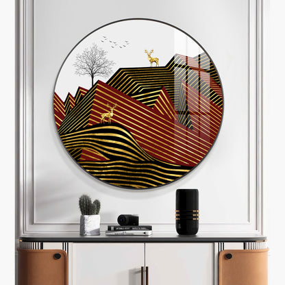 Deer and Mountain Premium Acrylic Round Wall Art