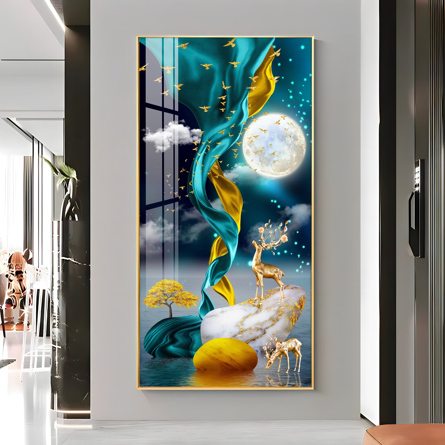 Deers With Full Moon Premium Acrylic Vertical Wall Art