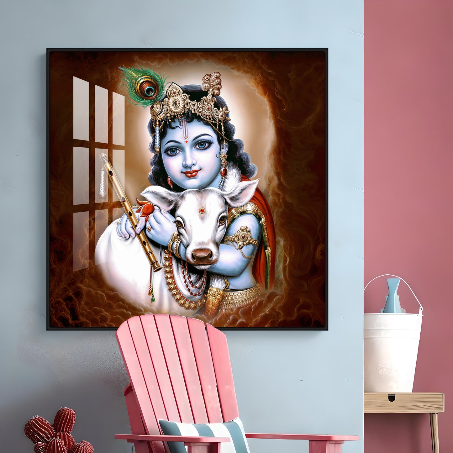 Krishna With Bansuri & Cow Premium Acrylic Horizontal Wall Art