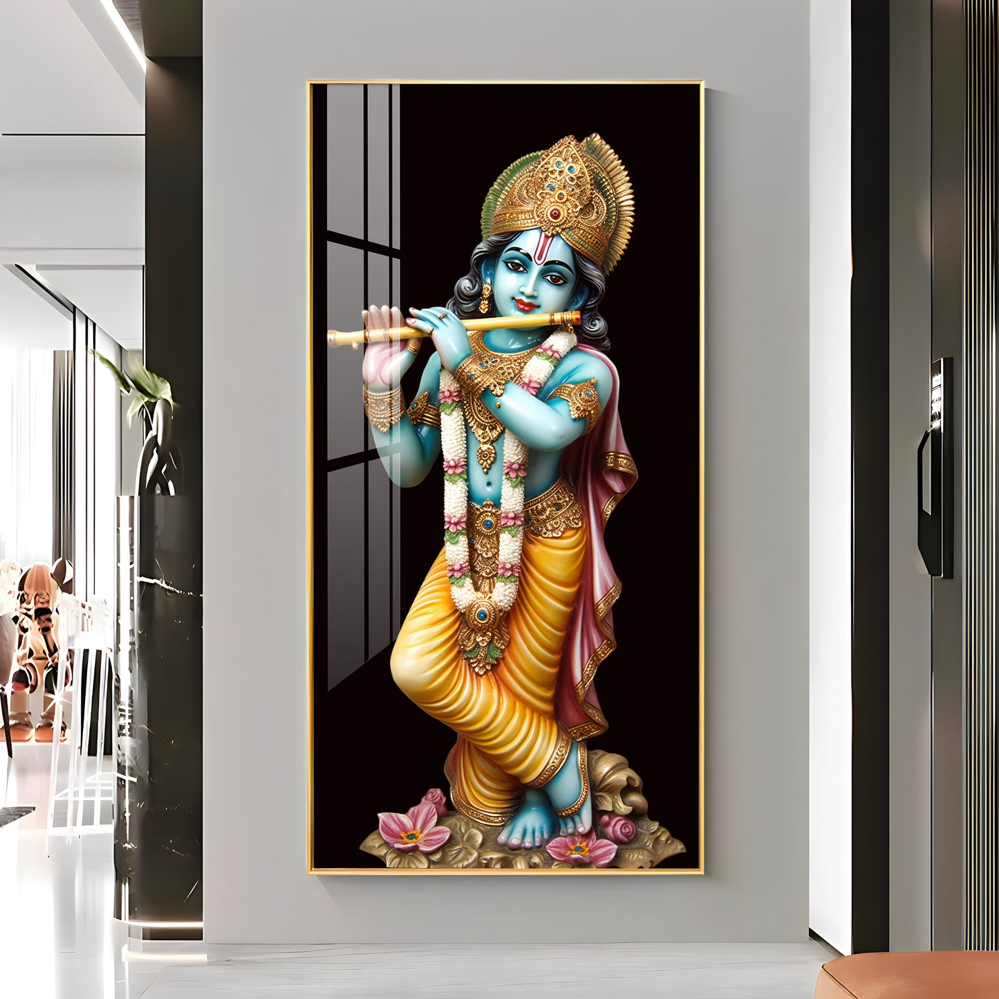 Lord Krishna With Flute Premium Acrylic Vertical Wall Art