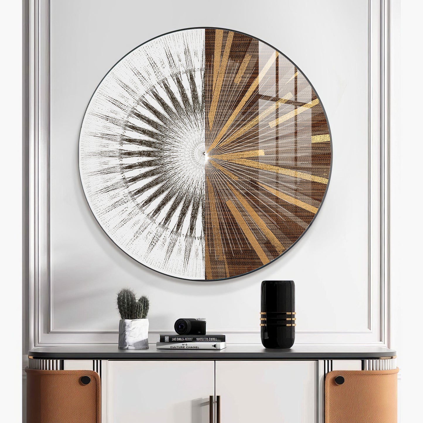 Gold & White Abstract Premium Acrylic Round Wall Art