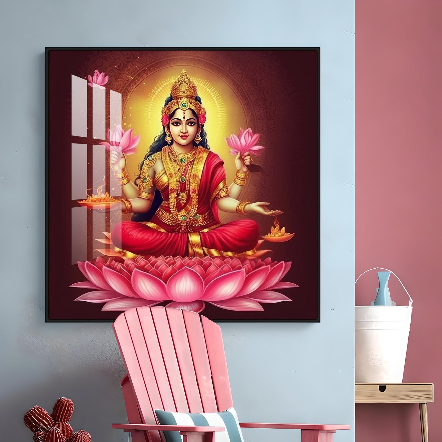 Laxmi Maa With Lotus Premium Acrylic Square Wall Art