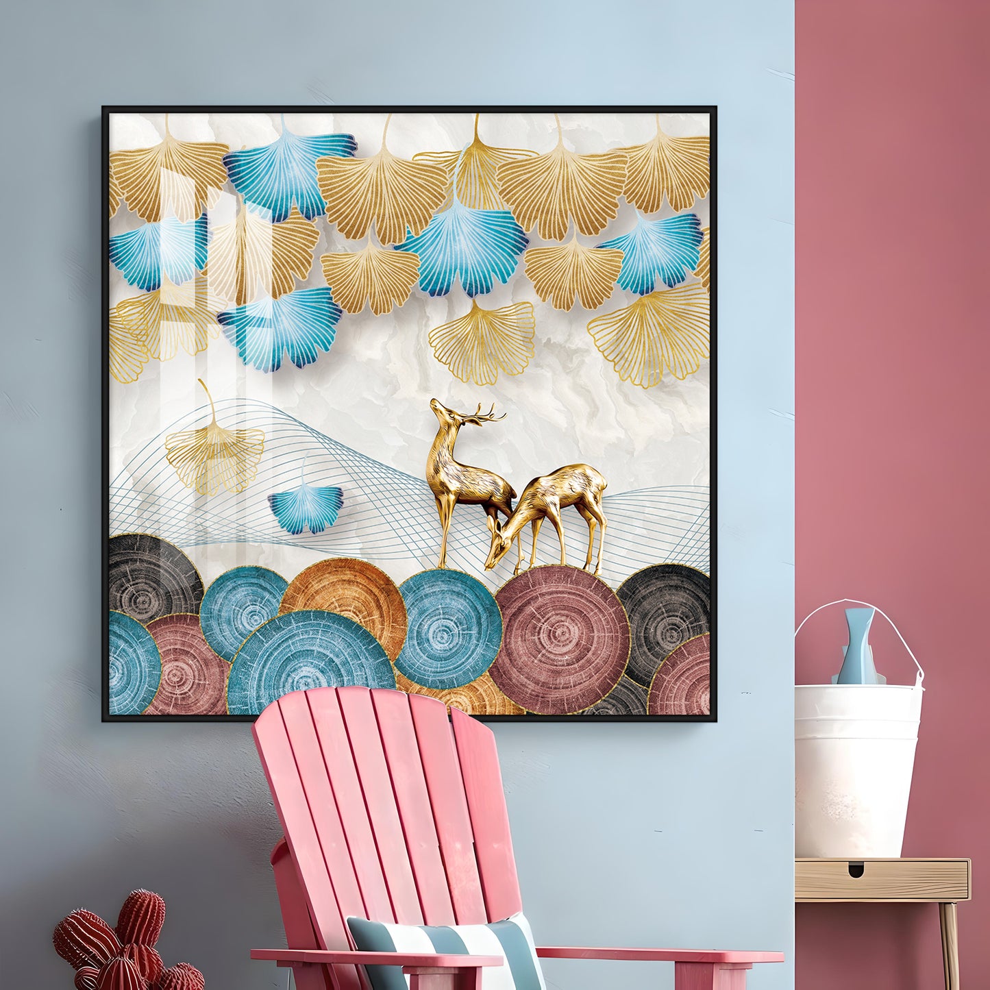 Golden Deer With Ginkgo Leaf Premium Acrylic Square Wall Art