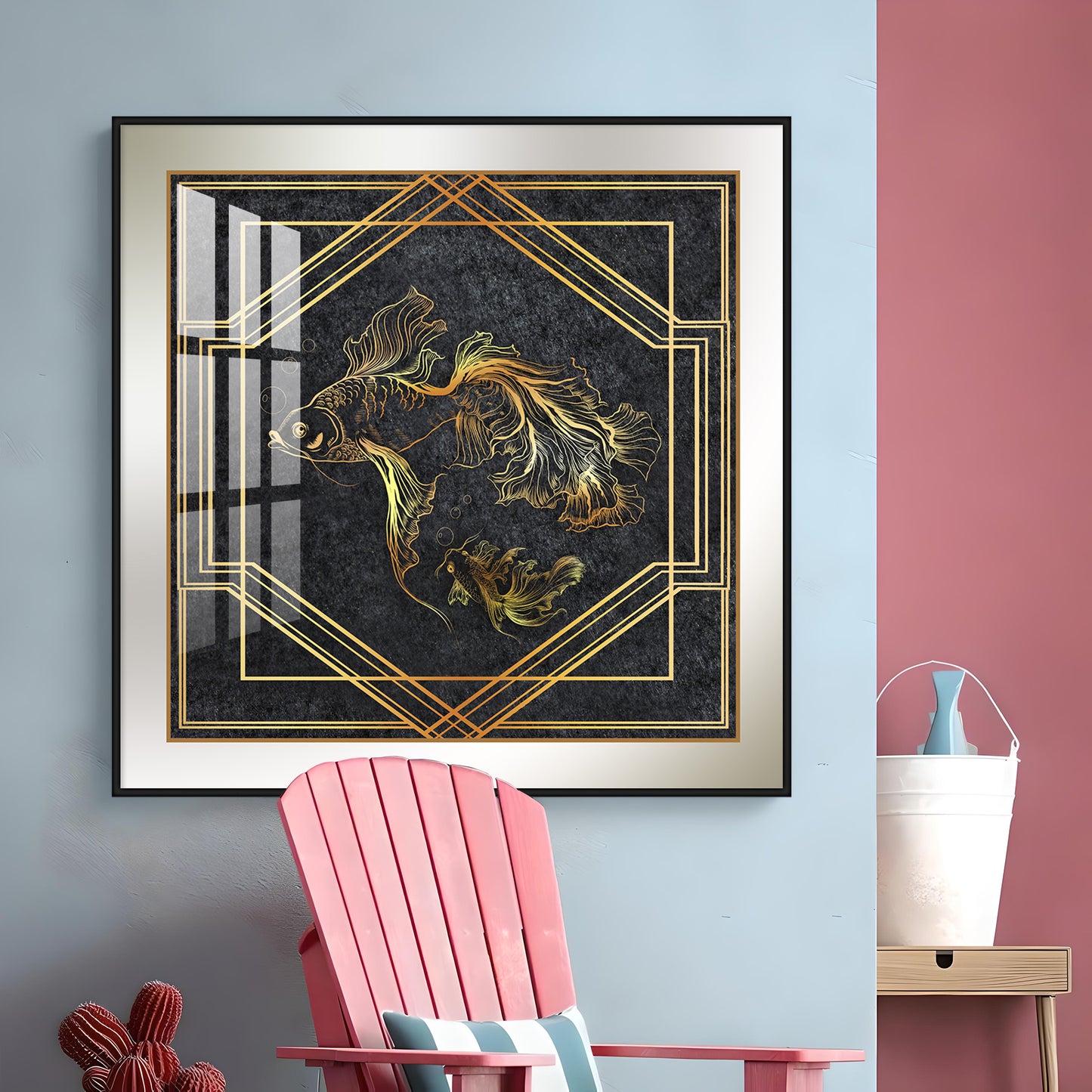 Modern Fashionable Gold Foil Goldfish Premium Acrylic Square Wall Art