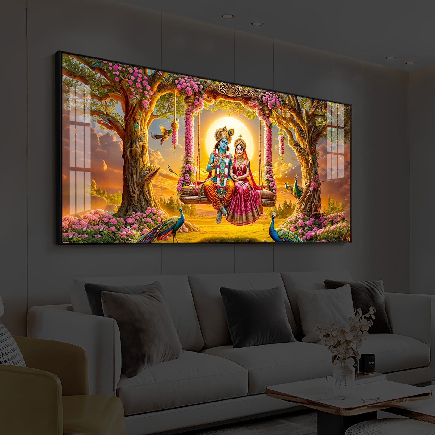 Loving Couple Lord Radha Krishna Modern Luxury Backlight Horizontal Wall Art