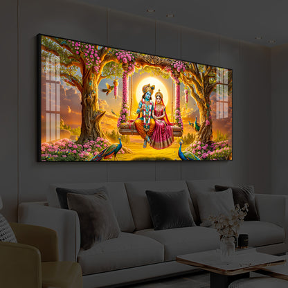 Loving Couple Lord Radha Krishna Modern Luxury Backlight Horizontal Wall Art