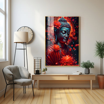 Red Buddha With Lotus Premium Acrylic Vertical Wall Art