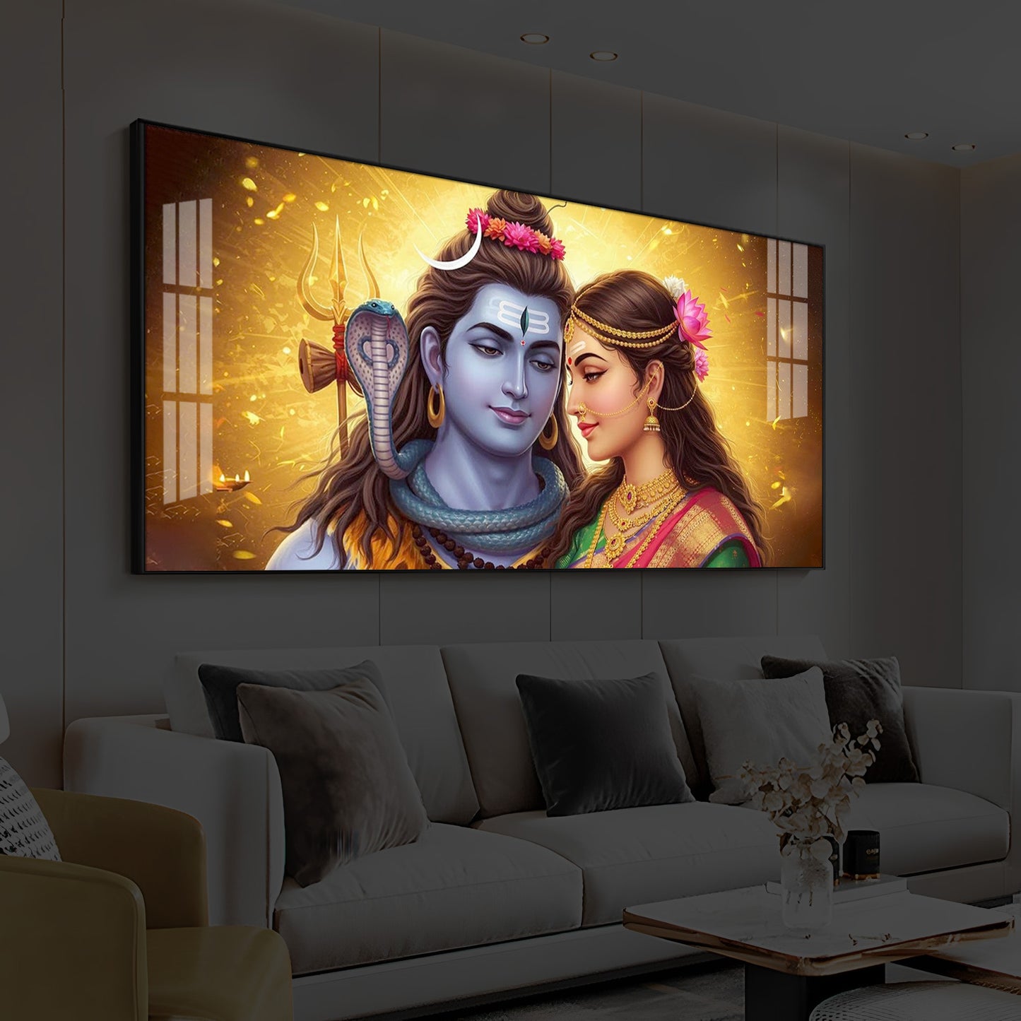 Shiv Parvati Modern Luxury Backlight Horizontal Wall Art