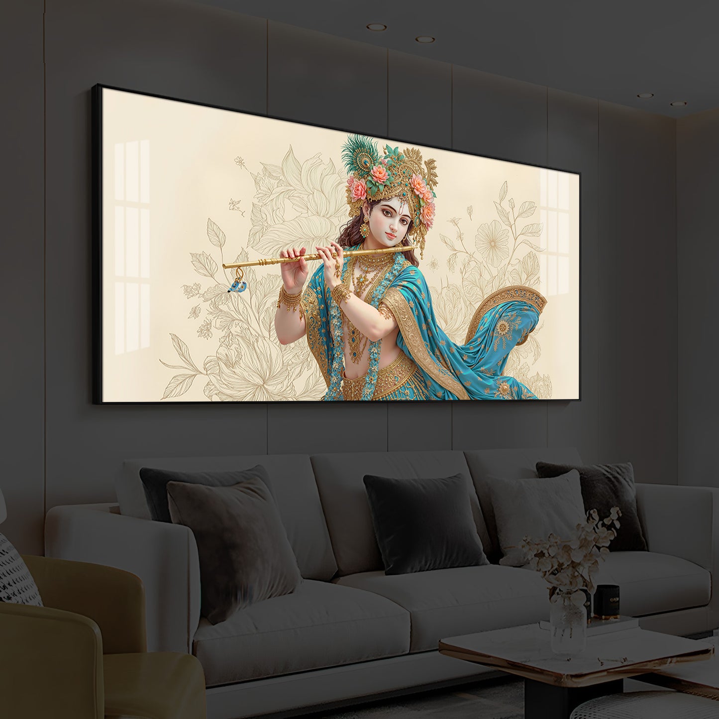 Beautiful Krishna Ji Modern Luxury Backlight Horizontal Wall Art