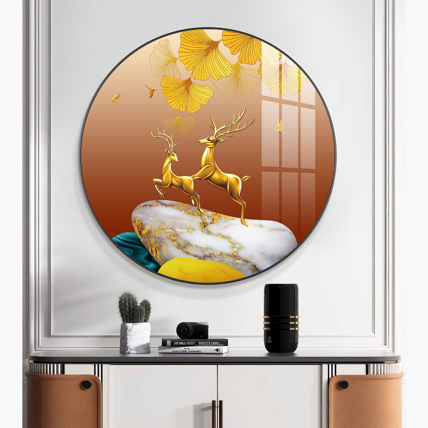 Golden Deer Duo Premium Acrylic Round Wall Art