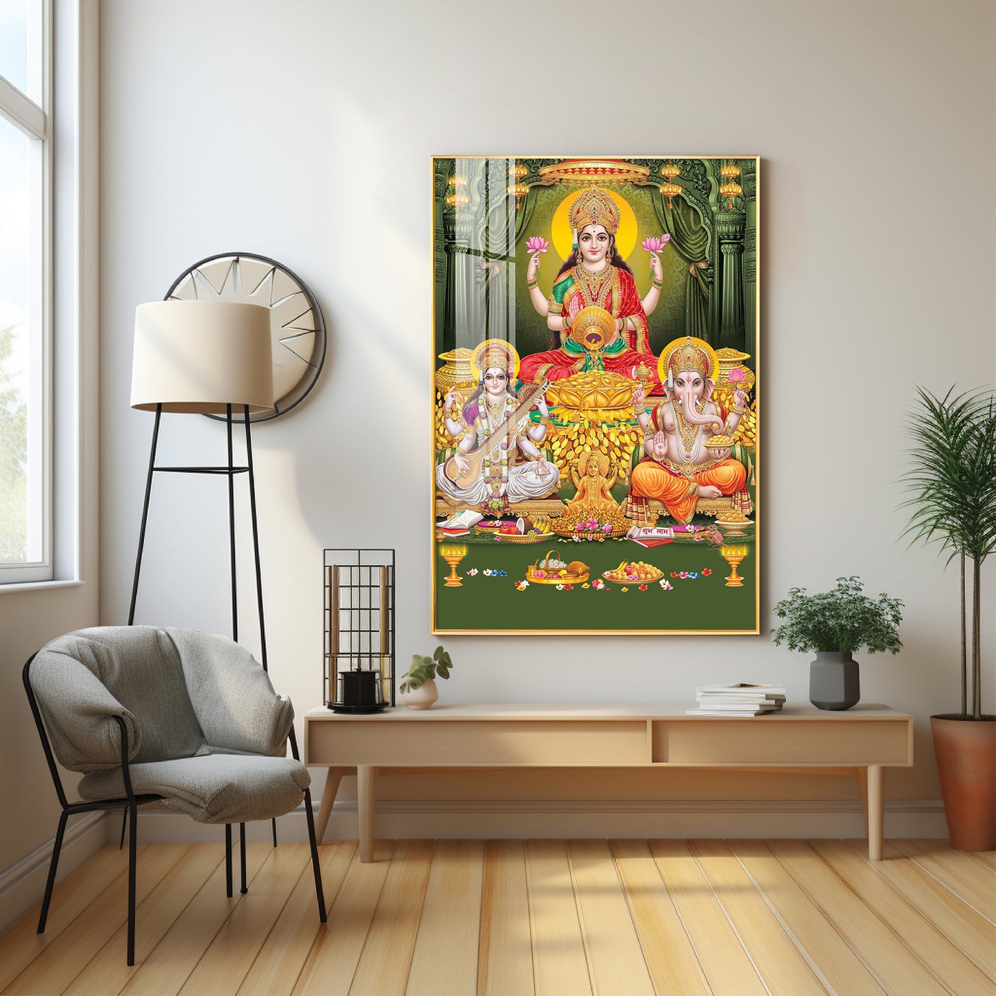 Divine Laxmi Ji With Flower Premium Acrylic Vertical Wall Art