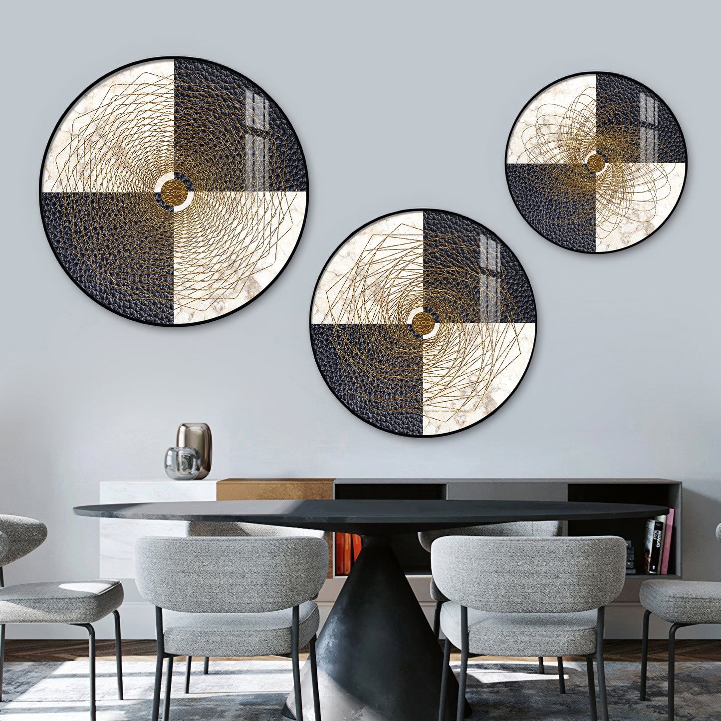 Spiral Line In Golden Premium Acrylic Round Wall Art (Set of 3)
