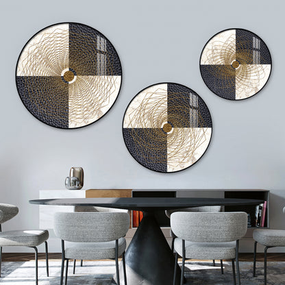 Spiral Line In Golden Premium Acrylic Round Wall Art (Set of 3)