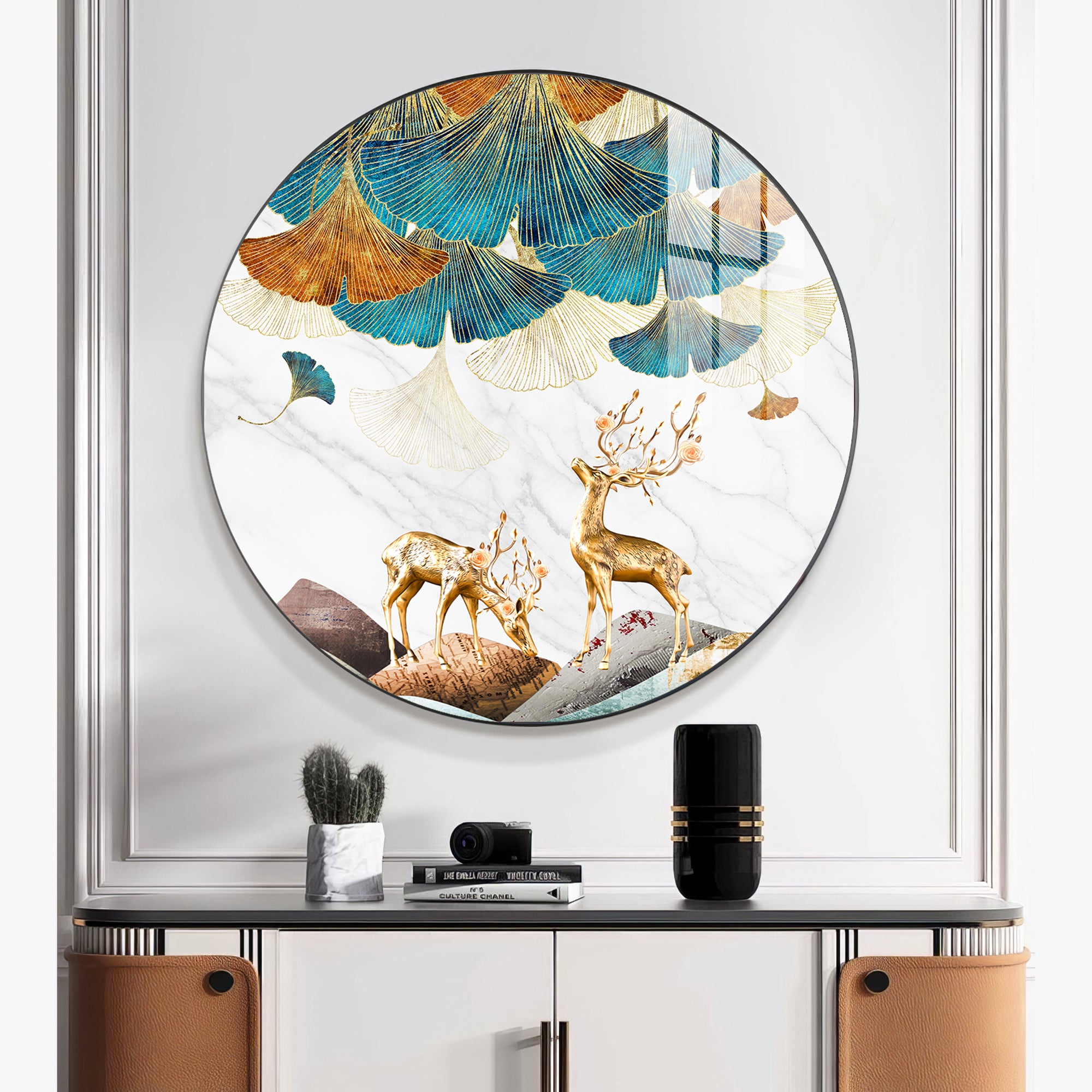 Deer and Leaves Premium Acrylic Round Wall Art
