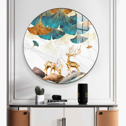 Deer and Leaves Premium Acrylic Round Wall Art