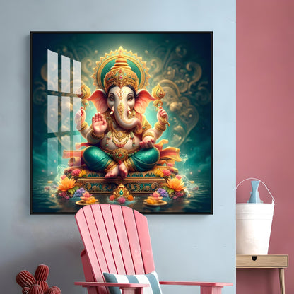 Lord Ganesh Blessings Premium Acrylic Square Wall Art